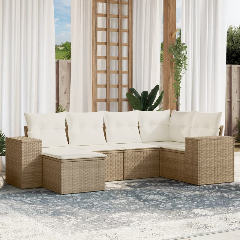 6-delige Loungeset met kussens poly rattan beige