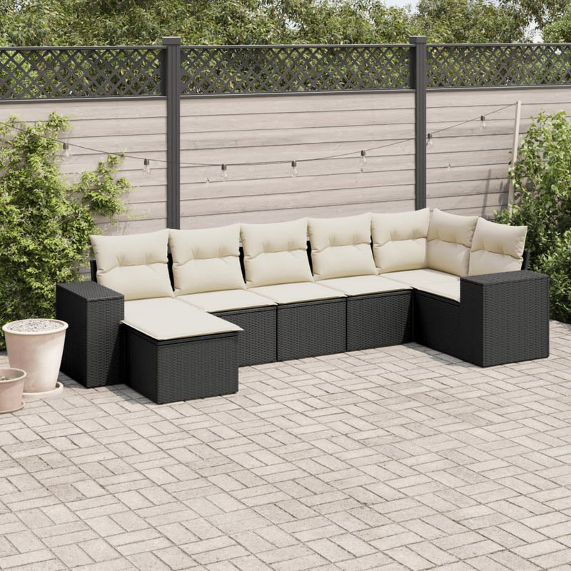 7-delige Loungeset met kussens poly rattan zwart