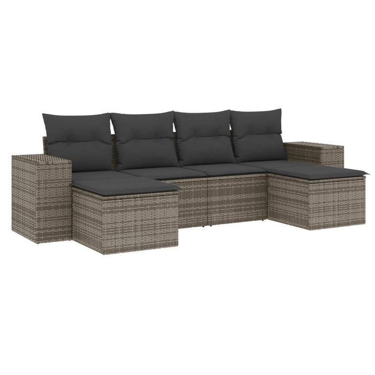 6-delige Loungeset met kussens poly rattan grijs