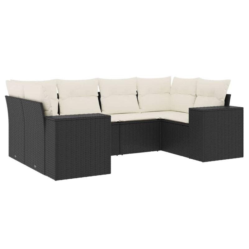 6-delige Loungeset met kussens poly rattan zwart