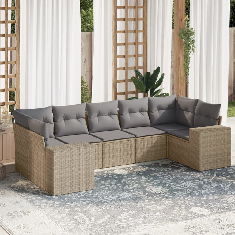 7-delige Loungeset met kussens poly rattan beige