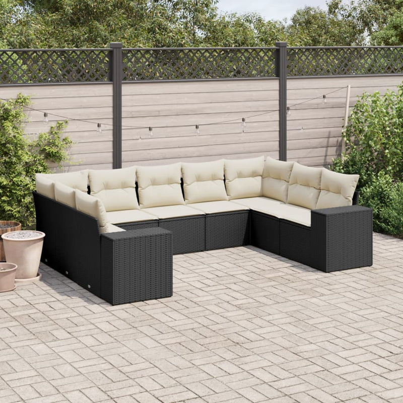 9-delige Loungeset met kussens poly rattan zwart