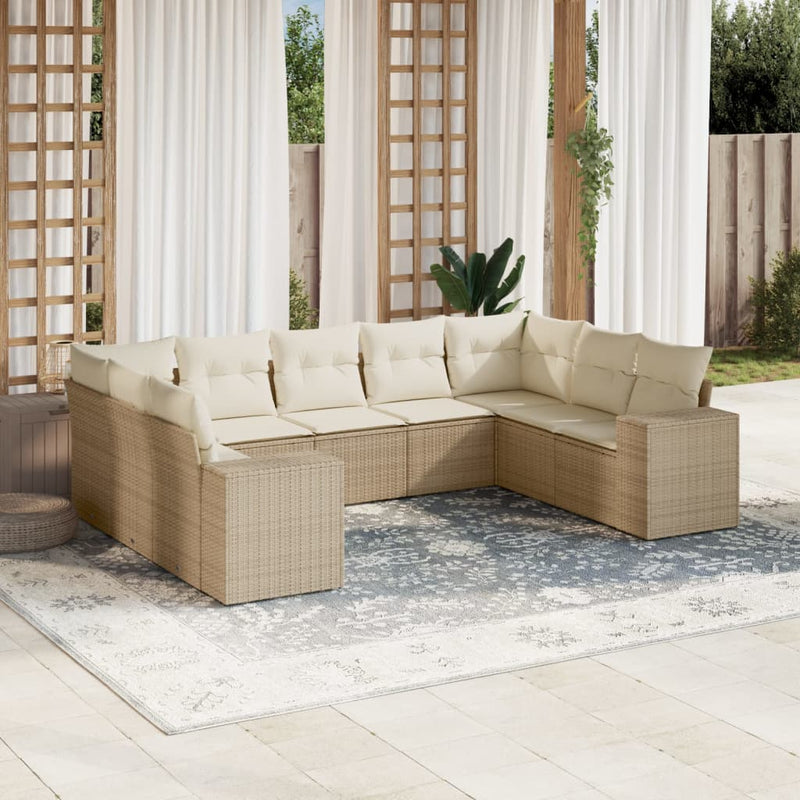 9-delige Loungeset met kussens poly rattan beige