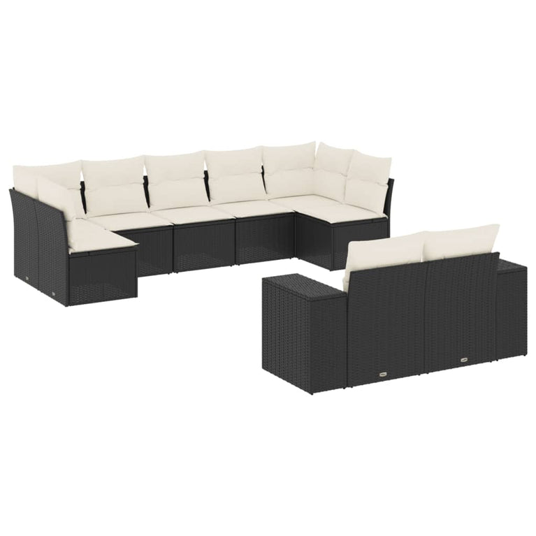 9-delige Loungeset met kussens poly rattan zwart