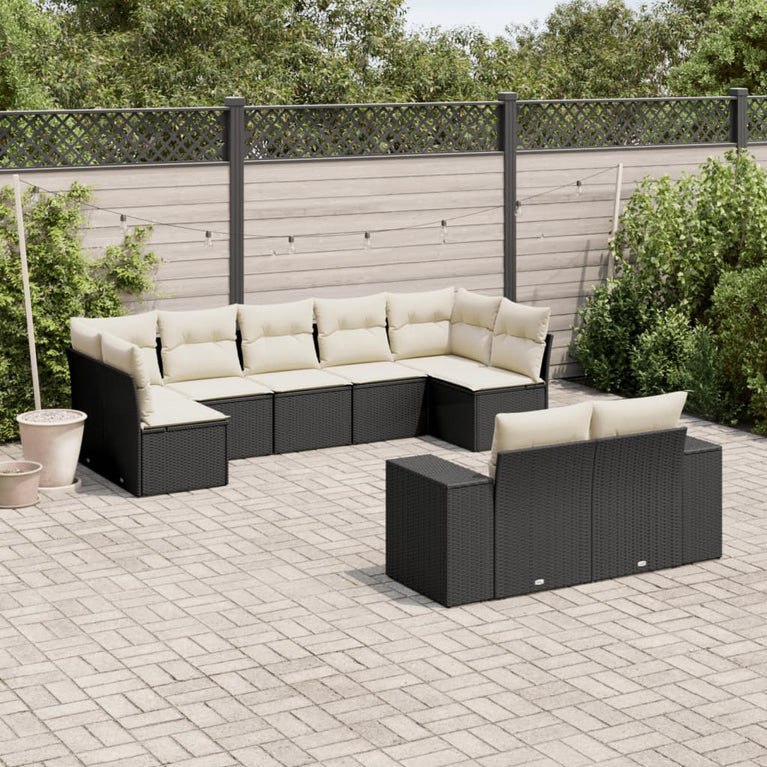9-delige Loungeset met kussens poly rattan zwart