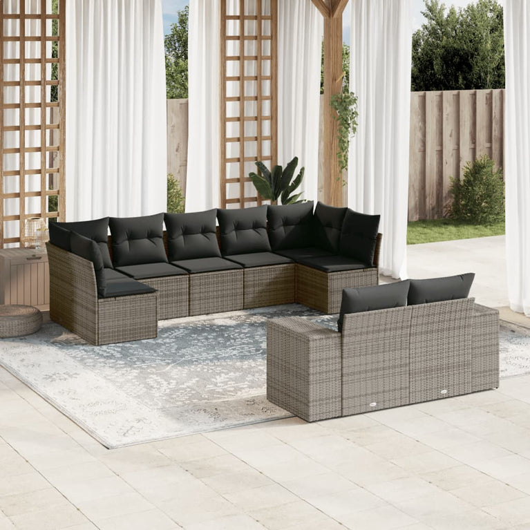 9-delige Loungeset met kussens poly rattan grijs