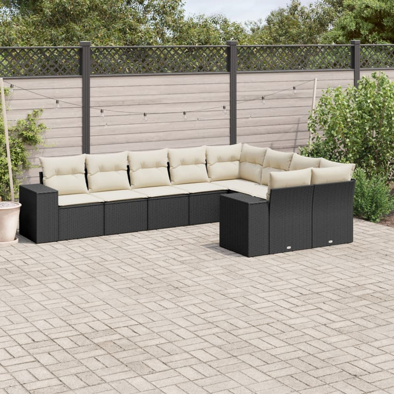 9-delige Loungeset met kussens poly rattan zwart