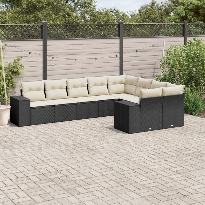 9-delige Loungeset met kussens poly rattan zwart