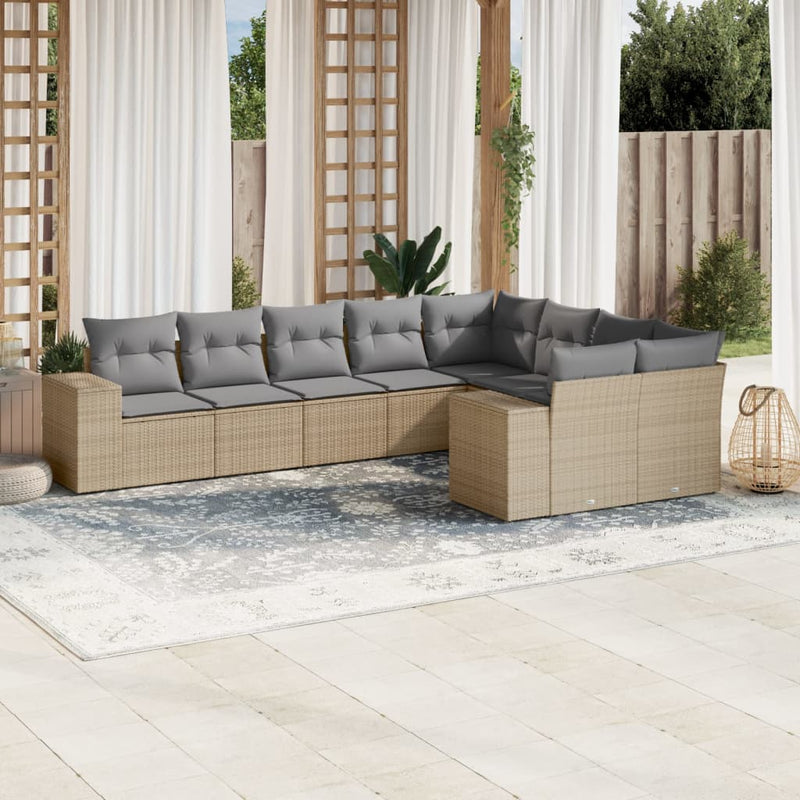 9-delige Loungeset met kussens poly rattan beige