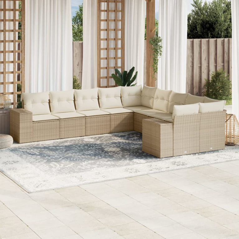 10-delige Loungeset met kussens poly rattan beige