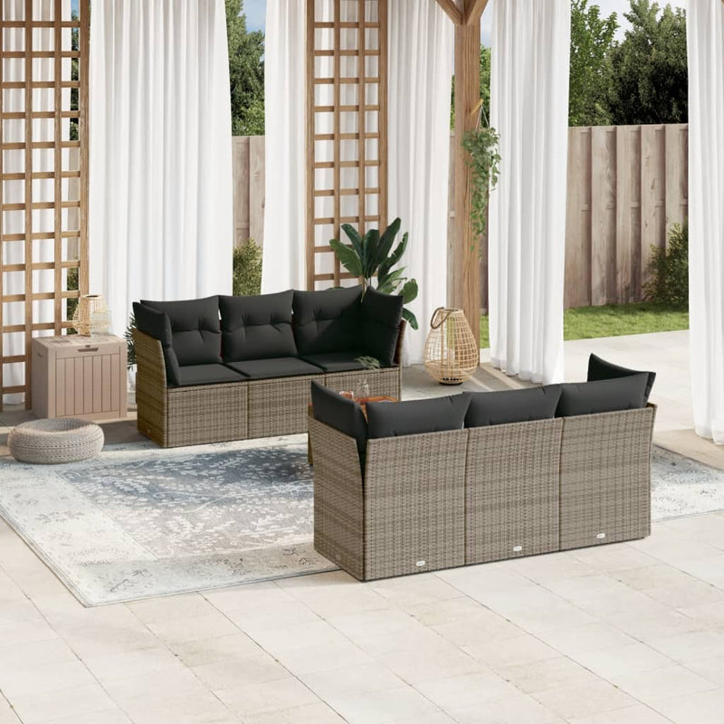 7-delige Loungeset met kussens poly rattan grijs