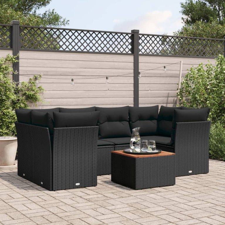 7-delige Loungeset met kussens poly rattan zwart