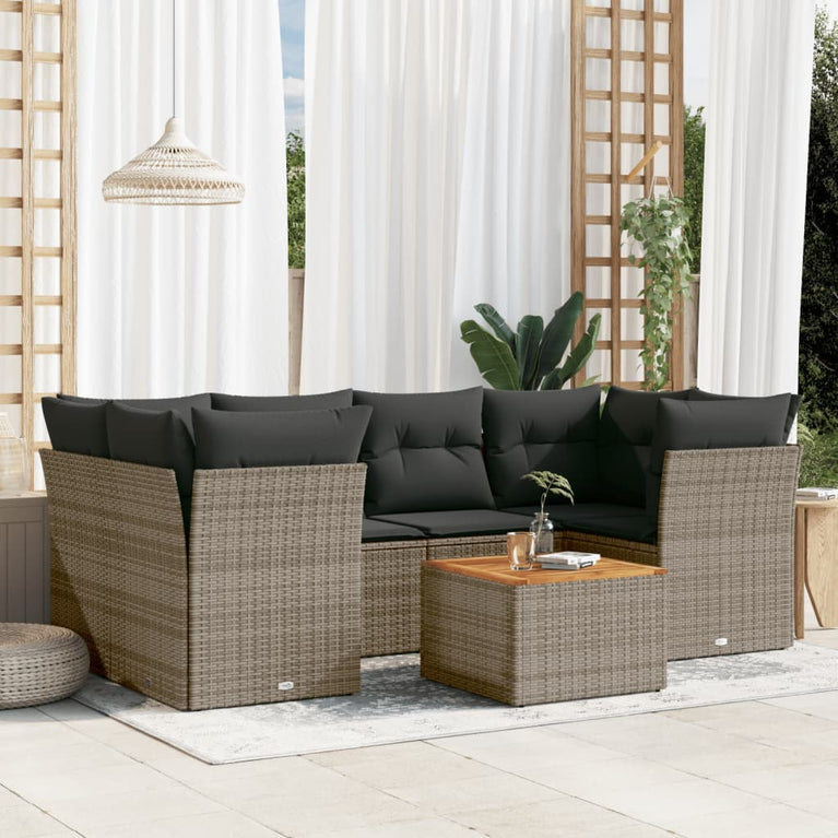 7-delige Loungeset met kussens poly rattan grijs