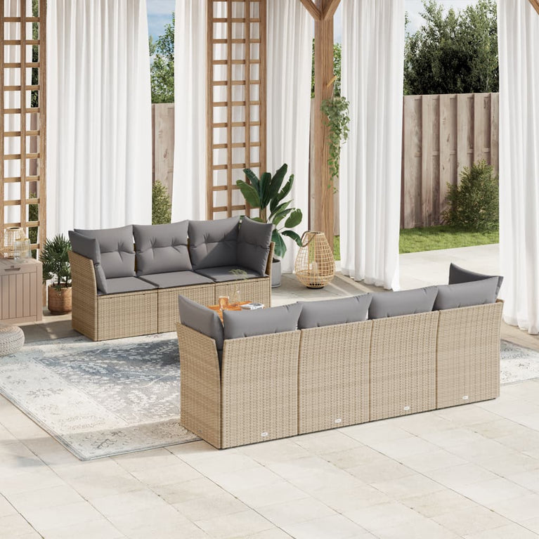 8-delige Loungeset met kussens poly rattan gemengd beige