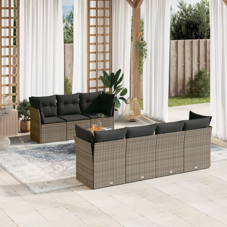 8-delige Loungeset met kussens poly rattan grijs