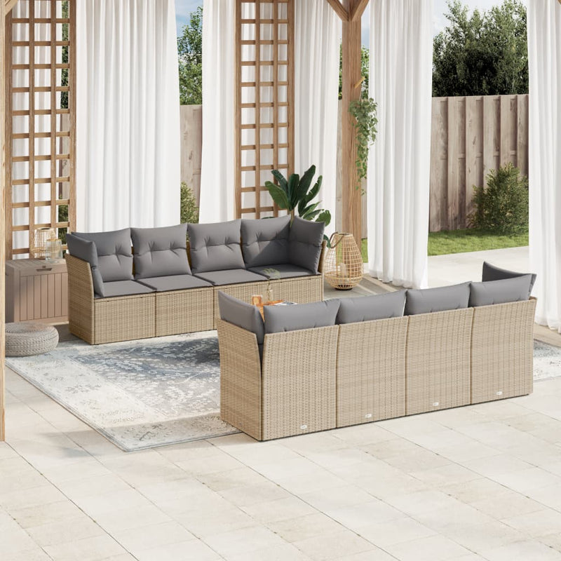 9-delige Loungeset met kussens poly rattan gemengd beige