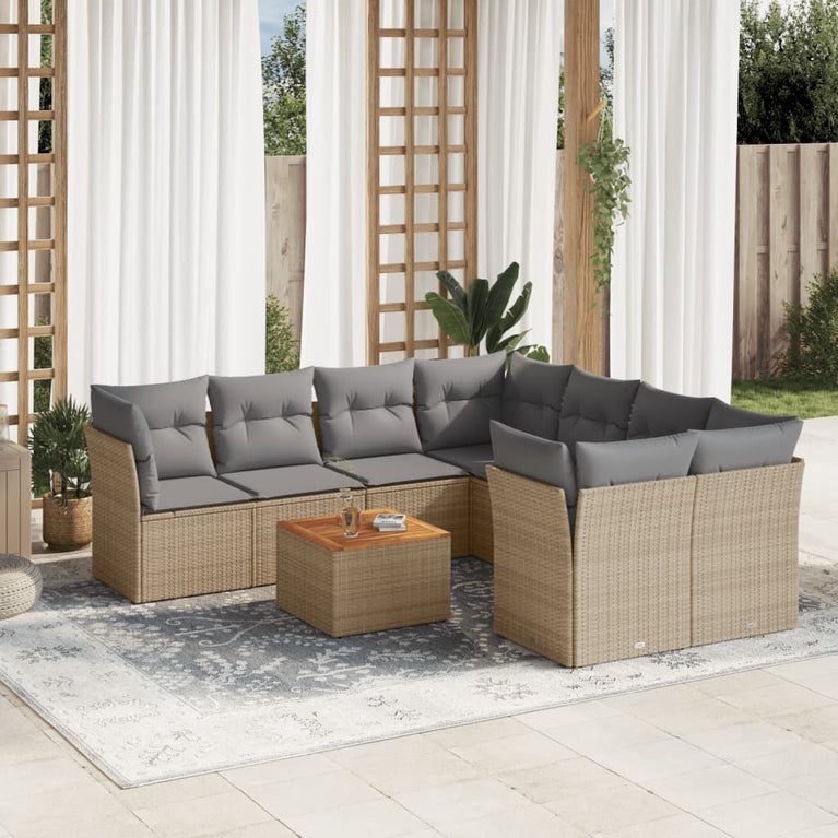 9-delige Loungeset met kussens poly rattan gemengd beige