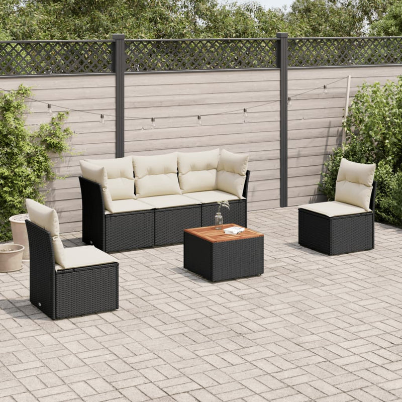 6-delige Loungeset met kussens poly rattan zwart