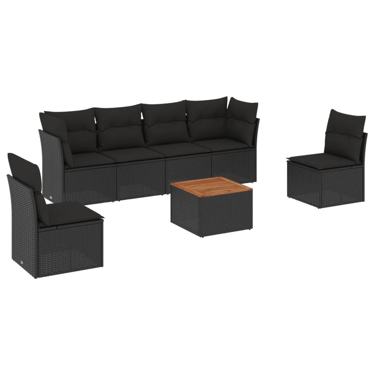7-delige Loungeset met kussens poly rattan zwart