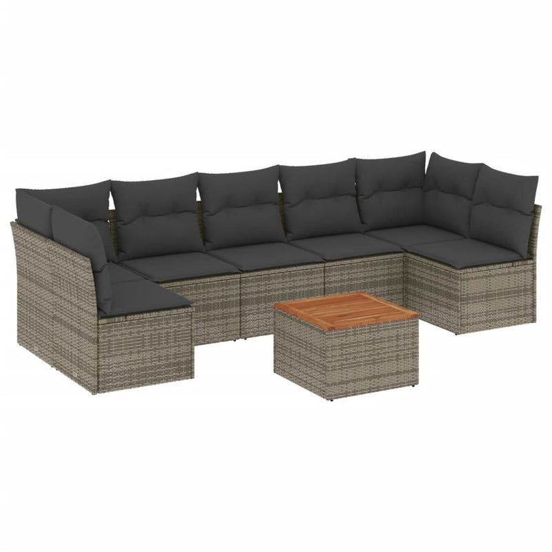 8-delige Loungeset met kussens poly rattan grijs