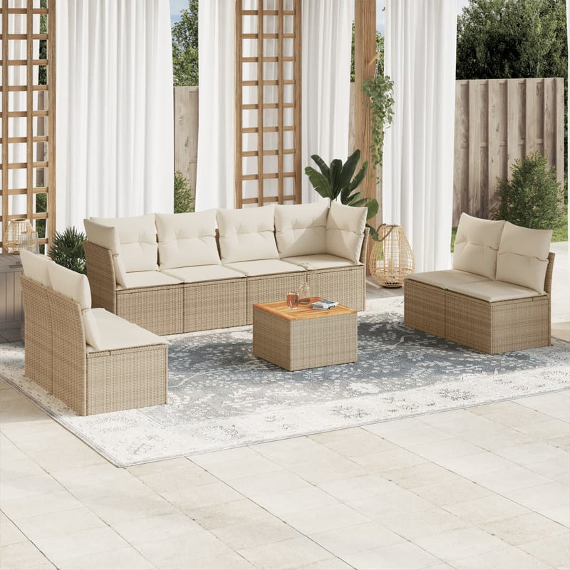 9-delige Loungeset met kussens poly rattan beige