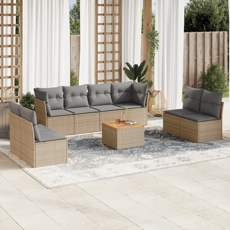 9-delige Loungeset met kussens poly rattan gemengd beige