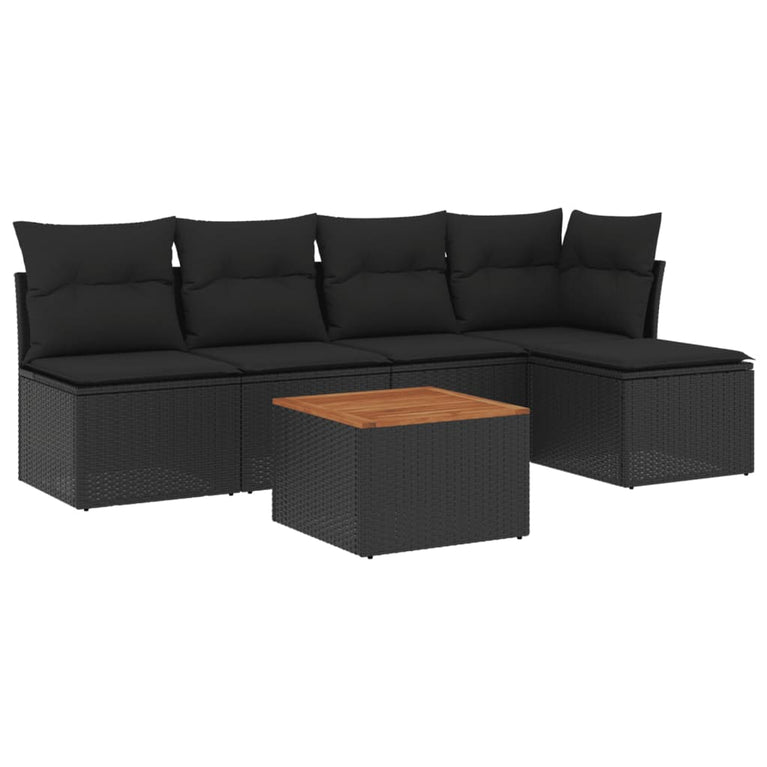 6-delige Loungeset met kussens poly rattan zwart