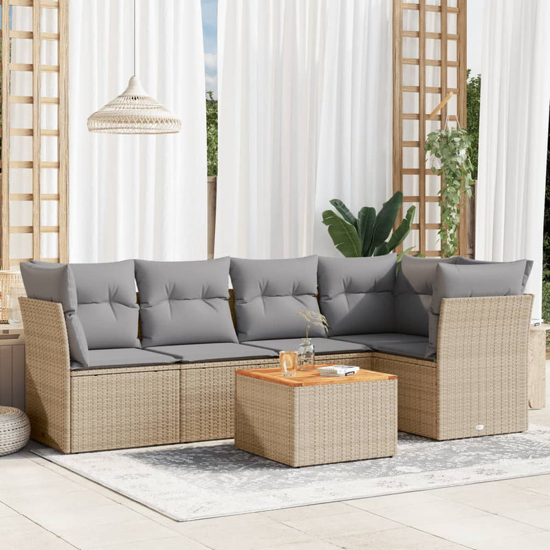 6-delige Loungeset met kussens poly rattan gemengd beige
