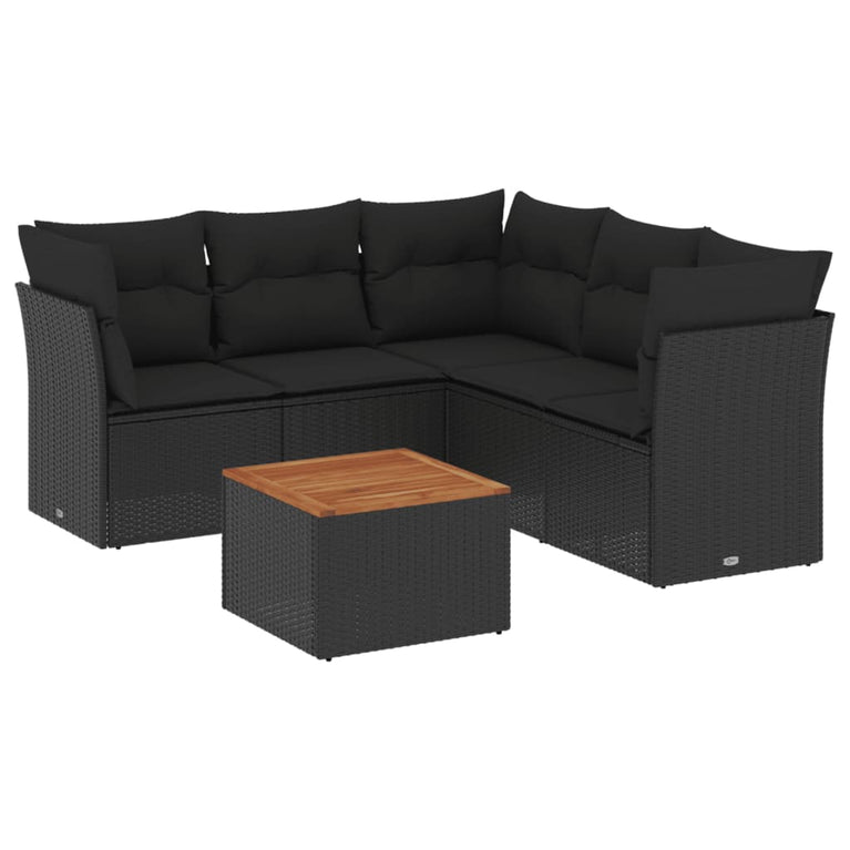 6-delige Loungeset met kussens poly rattan zwart