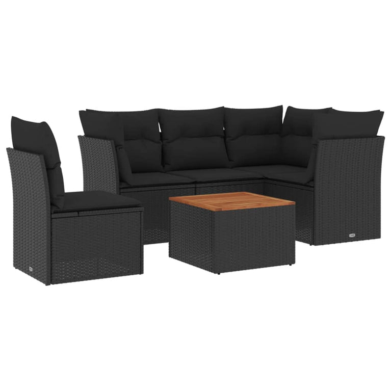 6-delige Loungeset met kussens poly rattan zwart
