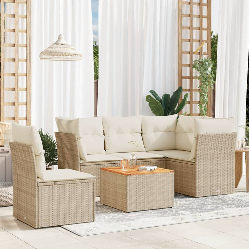 6-delige Loungeset met kussens poly rattan beige