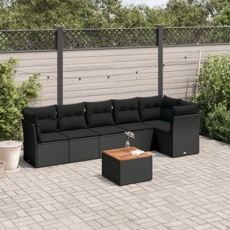 7-delige Loungeset met kussens poly rattan zwart