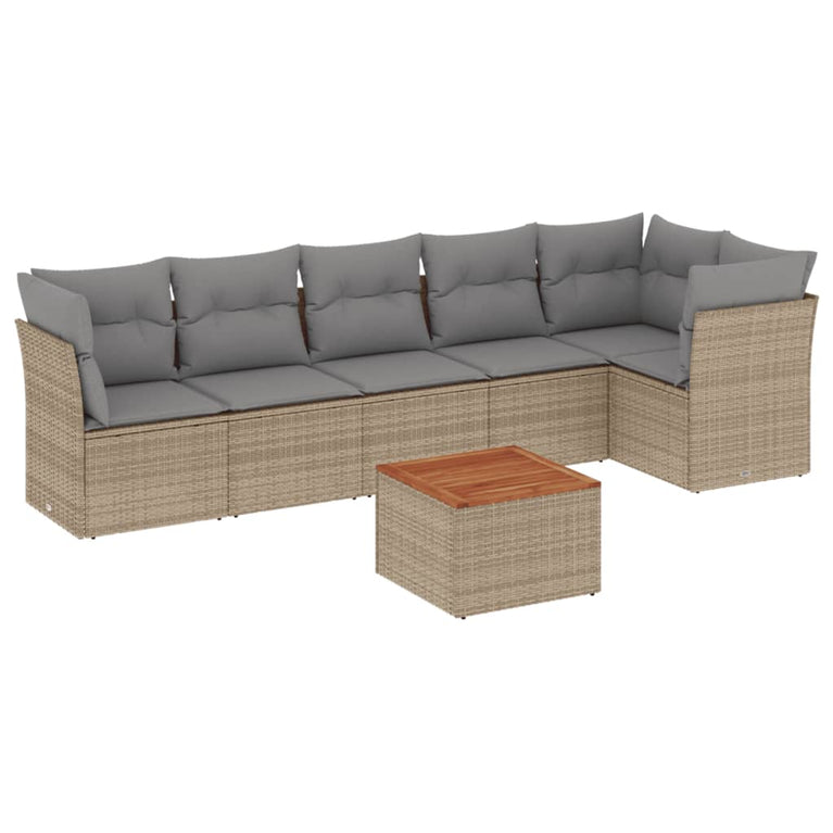 7-delige Loungeset met kussens poly rattan gemengd beige