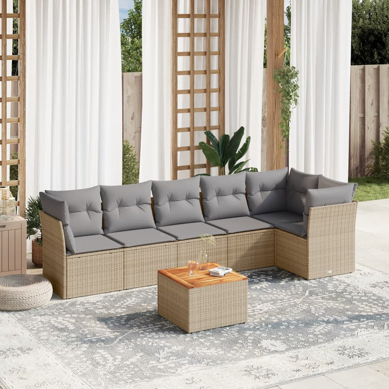 7-delige Loungeset met kussens poly rattan gemengd beige