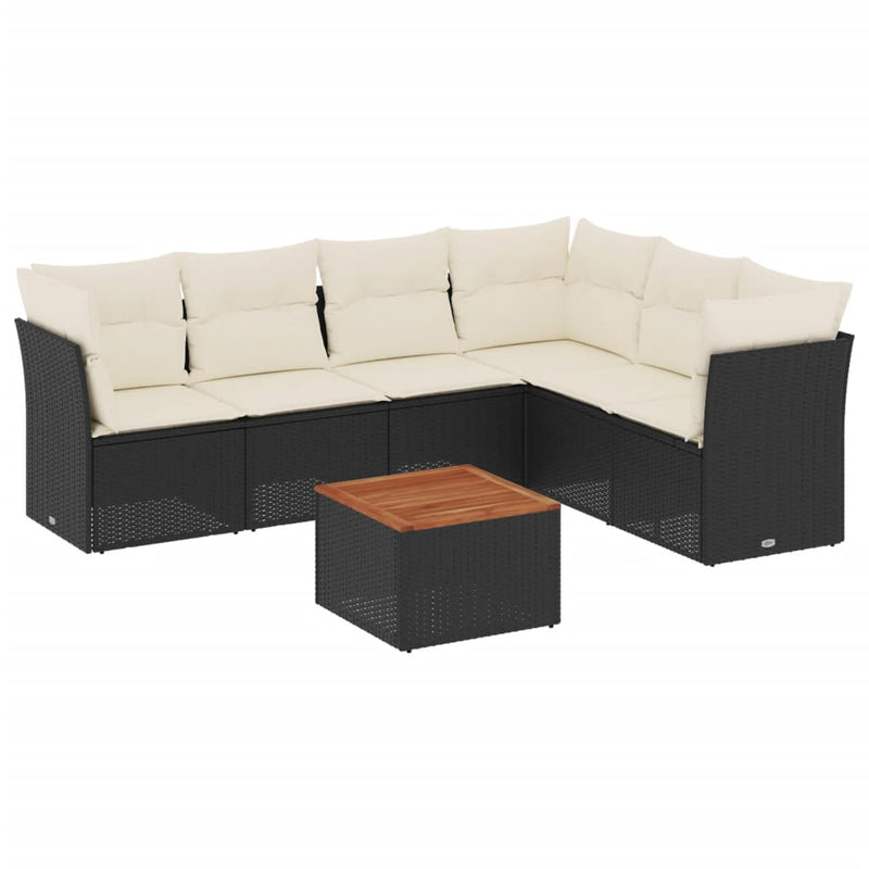 7-delige Loungeset met kussens poly rattan zwart