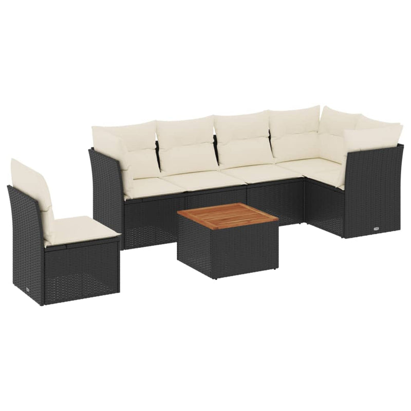 7-delige Loungeset met kussens poly rattan zwart