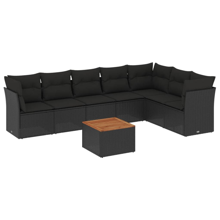 8-delige Loungeset met kussens poly rattan zwart