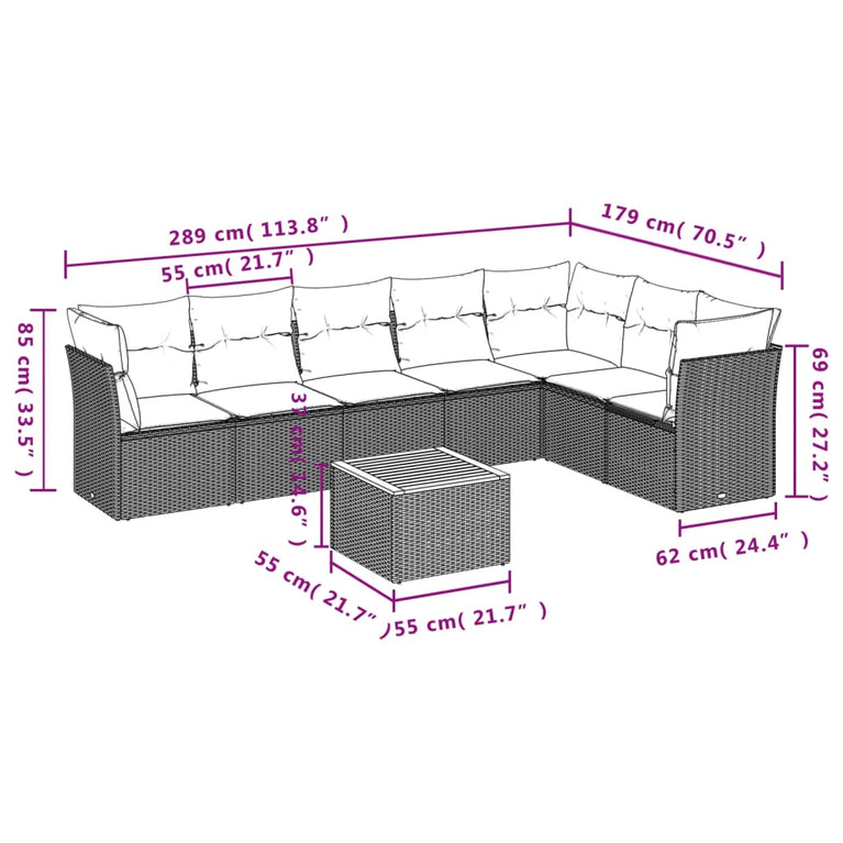 8-delige Loungeset met kussens poly rattan beige