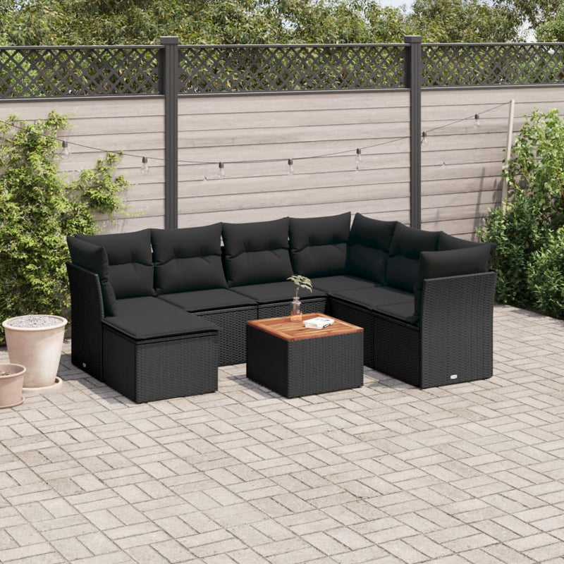 8-delige Loungeset met kussens poly rattan zwart