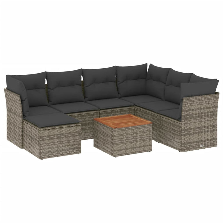 8-delige Loungeset met kussens poly rattan grijs