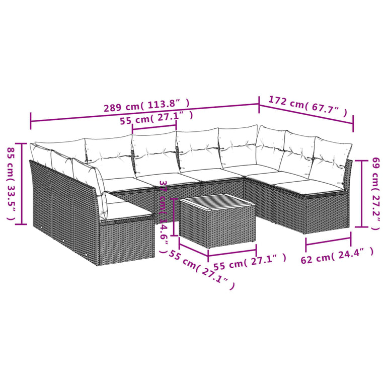 10-delige Loungeset met kussens poly rattan beige