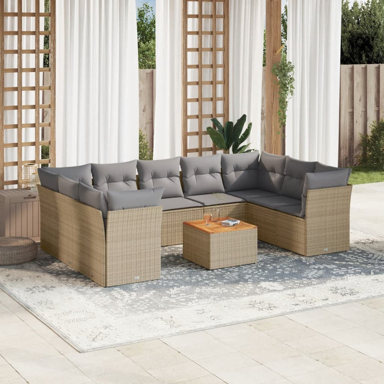 10-delige Loungeset met kussens poly rattan gemengd beige