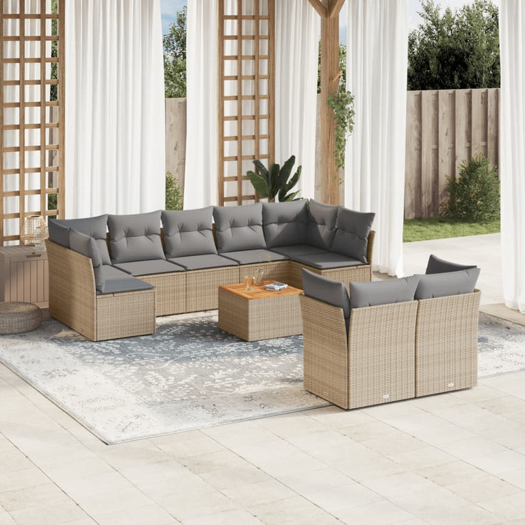 10-delige Loungeset met kussens poly rattan gemengd beige