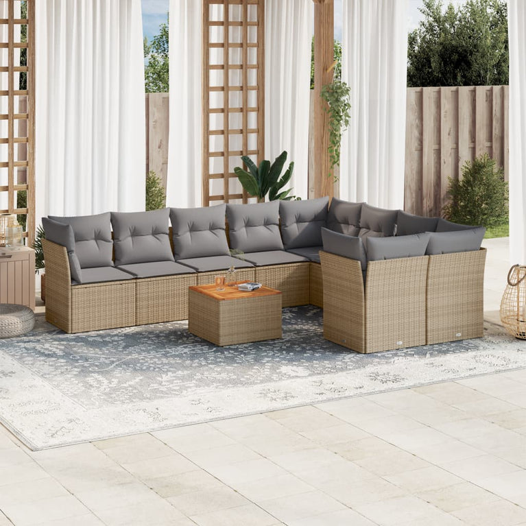 10-delige Loungeset met kussens poly rattan gemengd beige