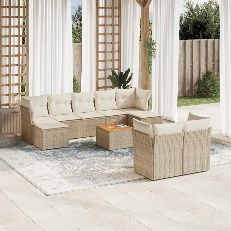 10-delige Loungeset met kussens poly rattan beige