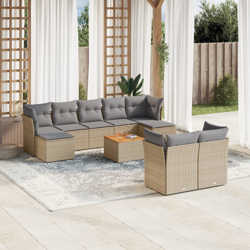 10-delige Loungeset met kussens poly rattan gemengd beige