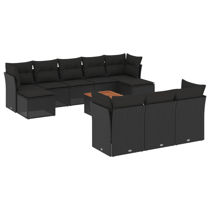 11-delige Loungeset met kussens poly rattan zwart