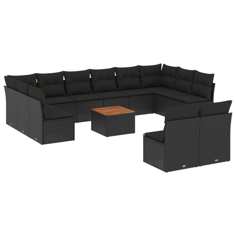 13-delige Loungeset met kussens poly rattan zwart