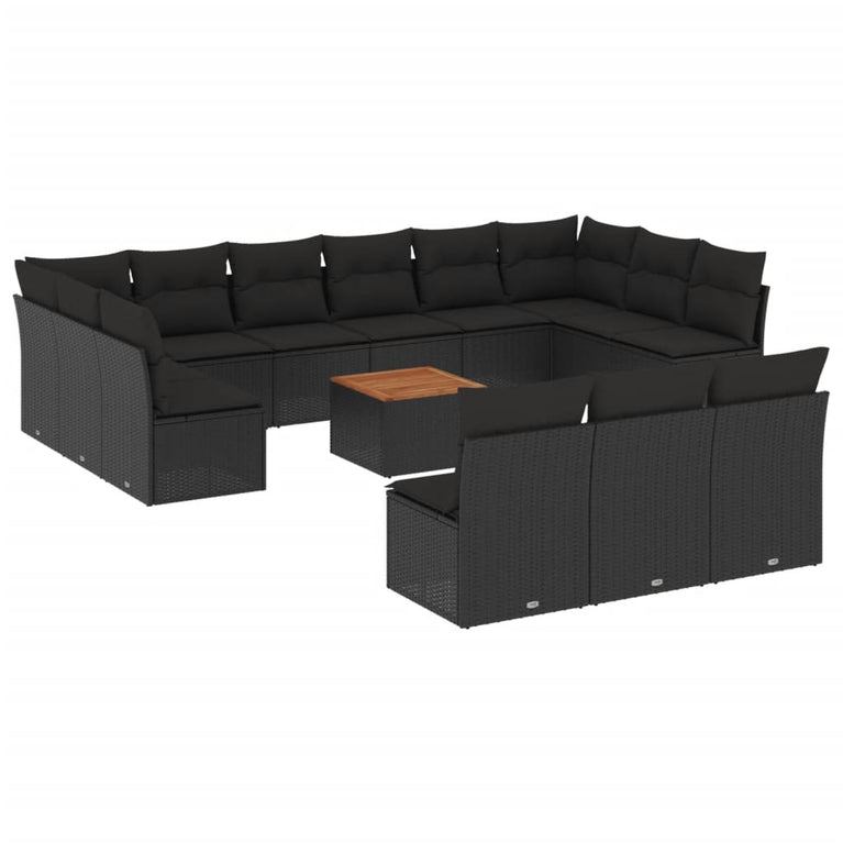14-delige Loungeset met kussens poly rattan zwart