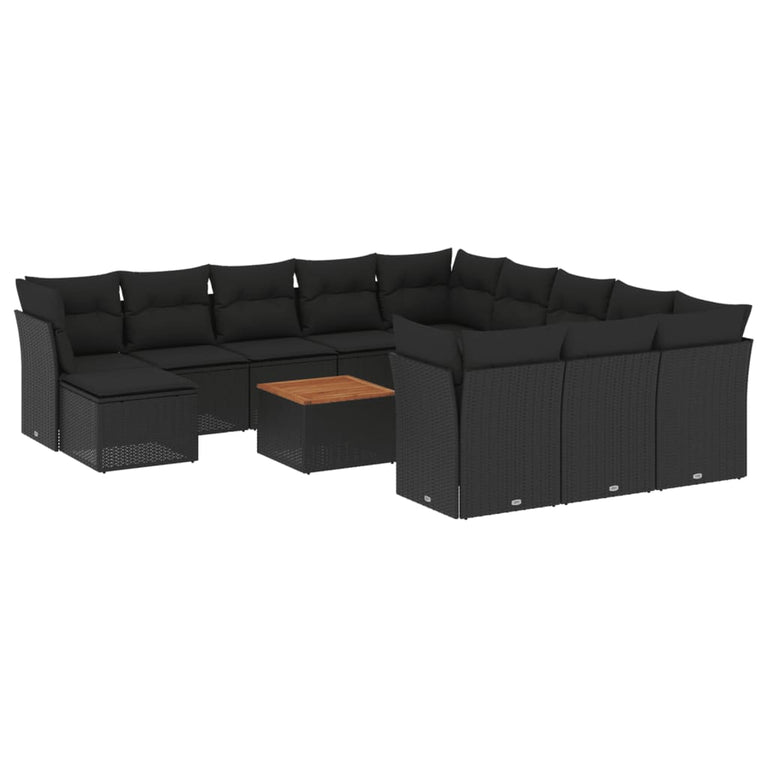 13-delige Loungeset met kussens poly rattan zwart